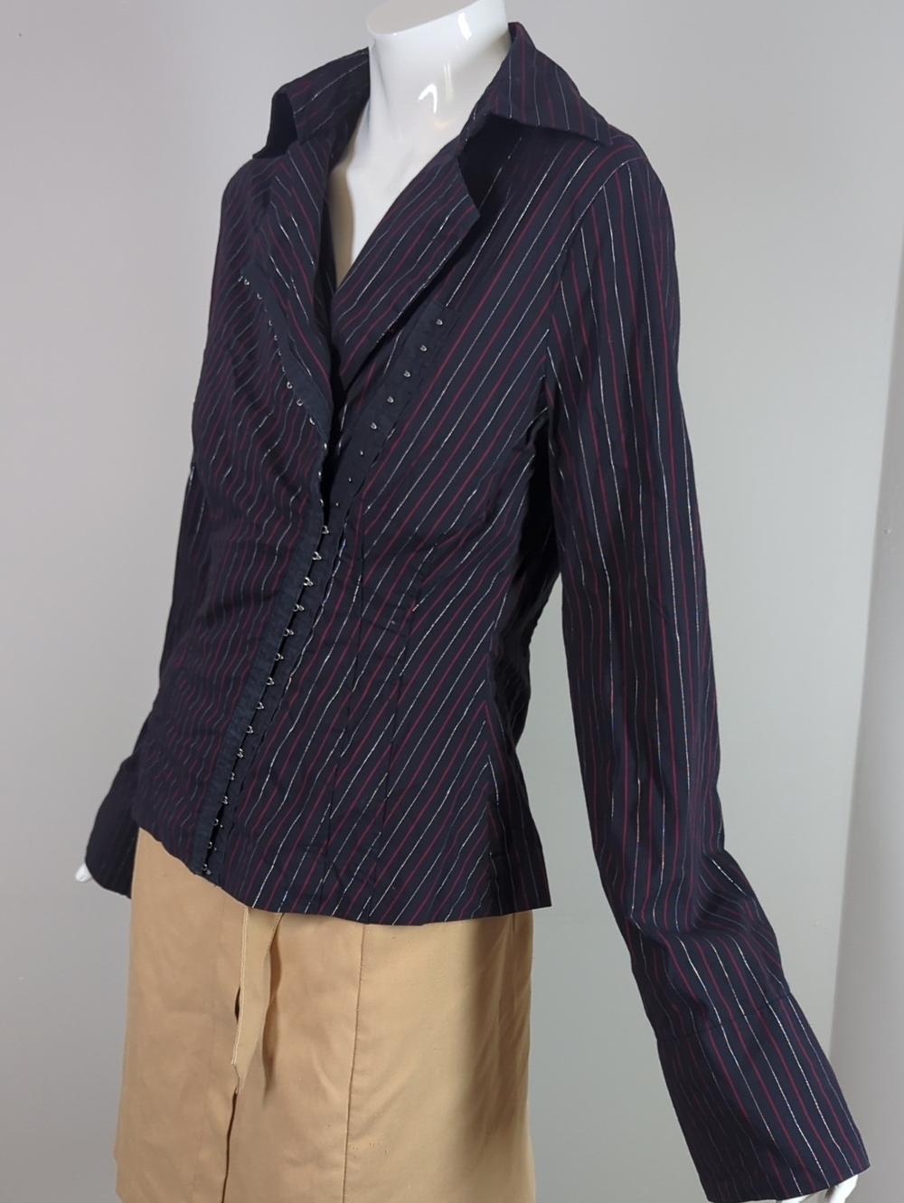 Vintage Le Chateau Striped Women's Tailored Shirt Black Red Medium Hook And Eye